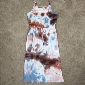 Dual Nature Dress Womens L Brown Blue Ribbed Tie Dye Maxi Midi Bohemian Hippie